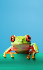 Wall Mural - Multicoloured frog looking frame on a blue background, banner with space for your text