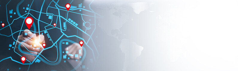 Aufkleber - man using smartphone with virtual world and model map with location point, gps app, icon travel maps