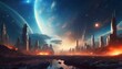 Space city in space with planets in the background for wallpaper, banners, artistic prints