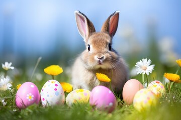 Cute Easter bunny with decorated eggs and spring flowers on a green spring landscape.by Generative AI