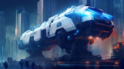 futuristic troop transport train with weapons