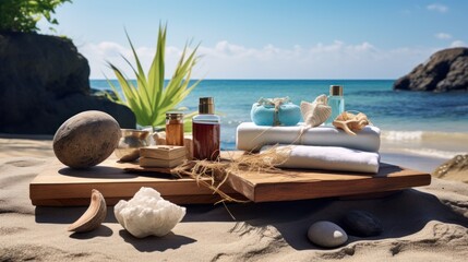 Aufkleber - Displaying summer products on a stone platform at a tropical sea beach.