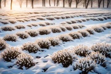 Wall Mural - A tranquil winter morning with fresh snow on the ground, highlighting a field of resilient flowers gracefully weathering the cold, creating a stunning tableau of seasonal harmony