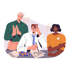 Fototapete - Focused man tries to work while people around talk loud. Attentive employee writes document when colleagues annoy, disturb. Attention concentration concept. Flat isolated vector illustration on white