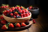 Fototapeta Mapy - Basket of mixed berries including strawberry mulberry and blue berry use for the National Strawberry Day