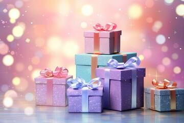 Wall Mural - Boxes with gifts on bright colorful background. Holiday concept, congratulations.