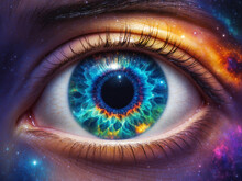A Double Exposure Image Colorful Universe Inside A The Iris Of An Eye. Divine Eye Watching The Universe. Eye Of The Universe.