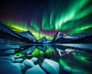 A mesmerizing landscape at night, inspired by the Northern Lights, vibrant colors swirling across the sky in an ethereal display