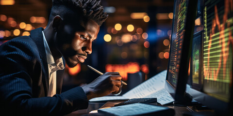 Poster - Concentrated Young Black Trader Analyzing Financial Markets on Multiple Computer Screens in a Dark Office Room