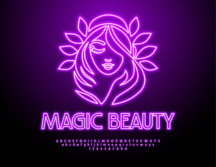 Poster - Vector advertising Emblem Magic Beauty. Violet Neon Font. Glowing Alphabet Letters and Numbers set.