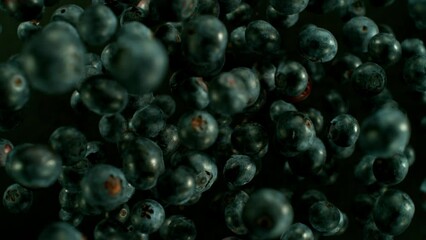 Fototapete - Super slow motion of rotating blueberries on black background, top view. Filmed on high speed cinema camera, 1000 fps, placed on high speed cine bot. Speed ramp effect.