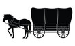Wooden covered wagon with horse isolated on white, black silhouette, vector illustration 
