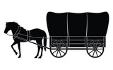 Fototapeta  - Wooden covered wagon with horse isolated on white, black silhouette, vector illustration 