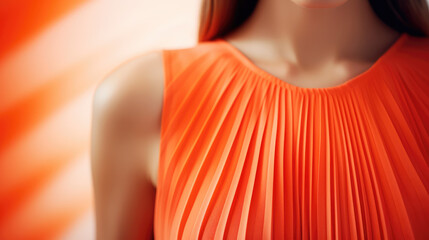 Cropped fashion image closeup detail of women's clothing dress in bright orange color clementine. Fashionable color palette, fashion trends.