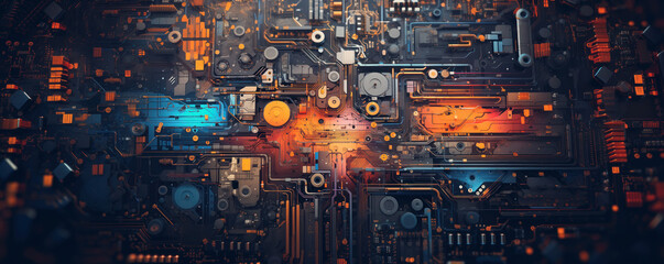 Close up panoramic view of the motherboard with components.