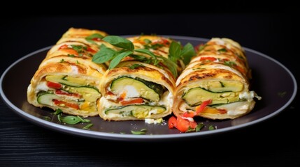 Wall Mural - Omelette rolls with mozzarella and vegetables with bread