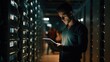 © Usman - A young Caucasian man with a tablet computer stands in the middle of a server room. Collection and storage of large amounts of data. Checks the operation of servers and automation