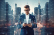 Handsome young businessman using tablet computer on abstract city background with double exposure of business graph. Technology concept