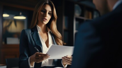 Business woman lawyer attorney showing document to man client providing advisory services, professionals discussing tax papers working in office at meeting. Legal consultancy concept. Close up