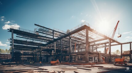 Construction of the steel building s pillars using a crane in a factory under the blue sky