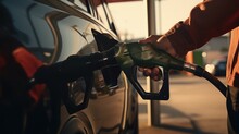 Man's Hand Grips A Gasoline Fuel Nozzle, Refuels His Car With Precision And Care, Essential Connection Between Humans And Their Vehicles, Ensuring They Are Powered And Ready To Embark On New Journeys