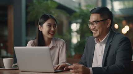 Mature Latin manager mentor talking to young Asian female coworker, showing online project results at meeting. Two happy diverse professional executives team working in office using pc laptop