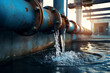 Water flowing from the pipes of an oil and gas power plant in the evening, water mains failure
