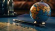 Pen and globe rest on a world map, global navigation of business. With the pen, decisions are made and strategies expand and connect with customers across different countries and cultures