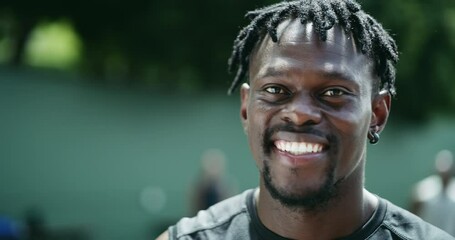 Poster - Black man, smile and face with sport for fitness, exercise and basketball player in outdoor on court. African athlete, portrait or happy for training wellness for game, ball or shoot hoops in nature