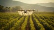 Crop Duster drone spraying crops. Dirty and harmful agribusiness spraying chemicals for accelerated crop growth