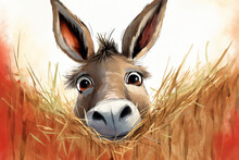 Cartoon Illustration Of A Donkey In A Grass Nest