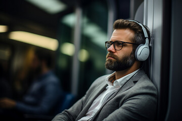 AI generated picture of relaxed man in headphones listening to music audio song sound relaxing in train ride