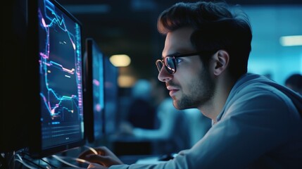 Programmer at work face closeup. A young male financial analyst in glasses works as a monitor in the office