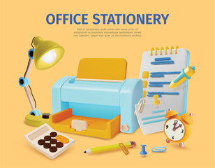 Poster - 3d Office Stationery Placard Poster Banner Card Template Cartoon Style Include of Printer, Pencil, Document, Lamp and Pen. Vector illustration