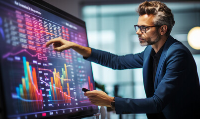 Poster - senior data scientist engaged in presenting risk management strategies using interactive digital dis