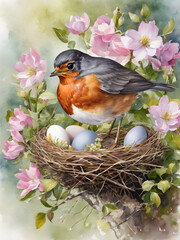 Sticker -  Watercolor illustration of a robin and a nest with eggs in spring.Generative AI.