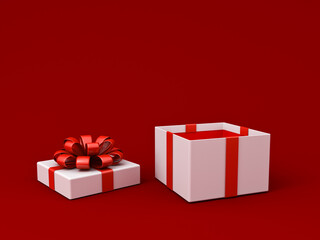 Wall Mural - Blank white gift box open or opened white present box and top lid tied with red ribbon bow isolated on dark red background with shadow minimal conceptual 3D rendering