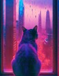 Silhouette of a cat facing away contemplating a futuristic city, vibrant colors, comforting atmosphere.