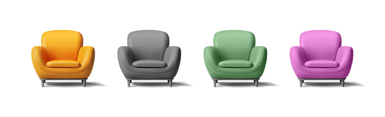 Armchair 3d render set isolated on white. Cartoon soft piece of furniture in four different colours