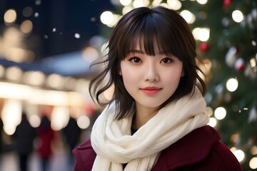 Wall Mural - A young japanese woman with short hair and bangs wearing winter clothing in a Christmas decorated plaza full of lights and big Christmas tree 