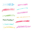 Multi colored crayon strokes scribble set. Childish charcoal pencil drawing. Doodles and curved lines, straight thin strokes. Colorful pencil sketchy lines. Grungy smears and rough vector design.