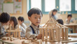 © annebel146 - Asian kindergarten. Children boy and girl playing with constructor wooden block building, Happy little kids play wood block stacking, activities learning creative, toys for preschool and kindergarten