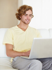 Poster - Laptop, remote work and happy man on sofa for research, planning or web communication in his home. Tech, freelance and male entrepreneur online in living room with social media, search or streaming