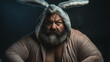 Fat man with beard wearing bunny ears looks disgusted