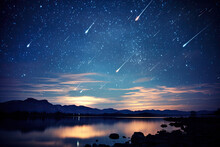 Beautiful Meteor Shower In The Dark Sky At Night Background, Shiny Of Shooting Star From Space, Landscape Outside Of The City, Milky Way Scene.
