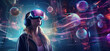 Portrait of a young woman wearing virtual reality goggles. Technology of the digital cyberworld metaverse. Entering an unreal and futuristic world. Copy space