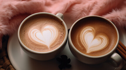 Two cups of coffee with heart-shaped foam on the coffee table. Romantic atmosphere. Romantic date. Love, valentine's day