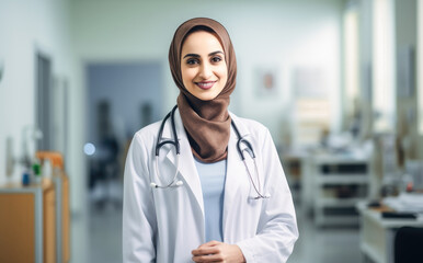 Wall Mural - Smiling confident muslim female nurse. Portrait of a muslim female doctor. Friendly middle eastern healthcare worker. 