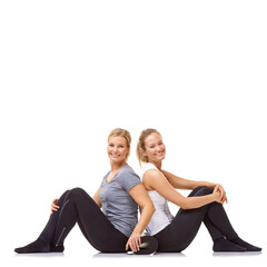 Wall Mural - Women, friends and portrait in studio for fitness, exercise and healthy workout on white background. Wellness, training and smile on floor for yoga class, energy or support together with mockup space