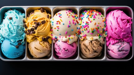 Sticker - cone scoop ice cream illustration vanilla chocolate, strawberry toppings, fudge caramel cone scoop ice cream